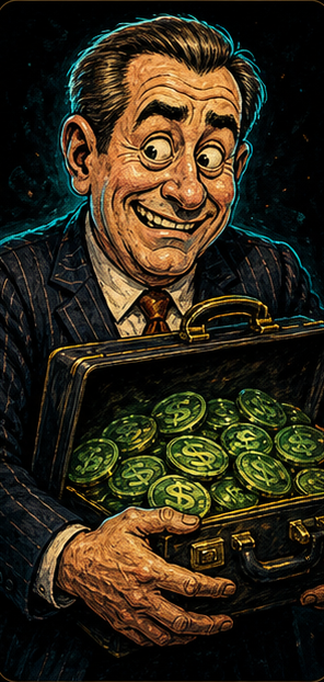 Ilustración satírica de un lobbyista con monedas