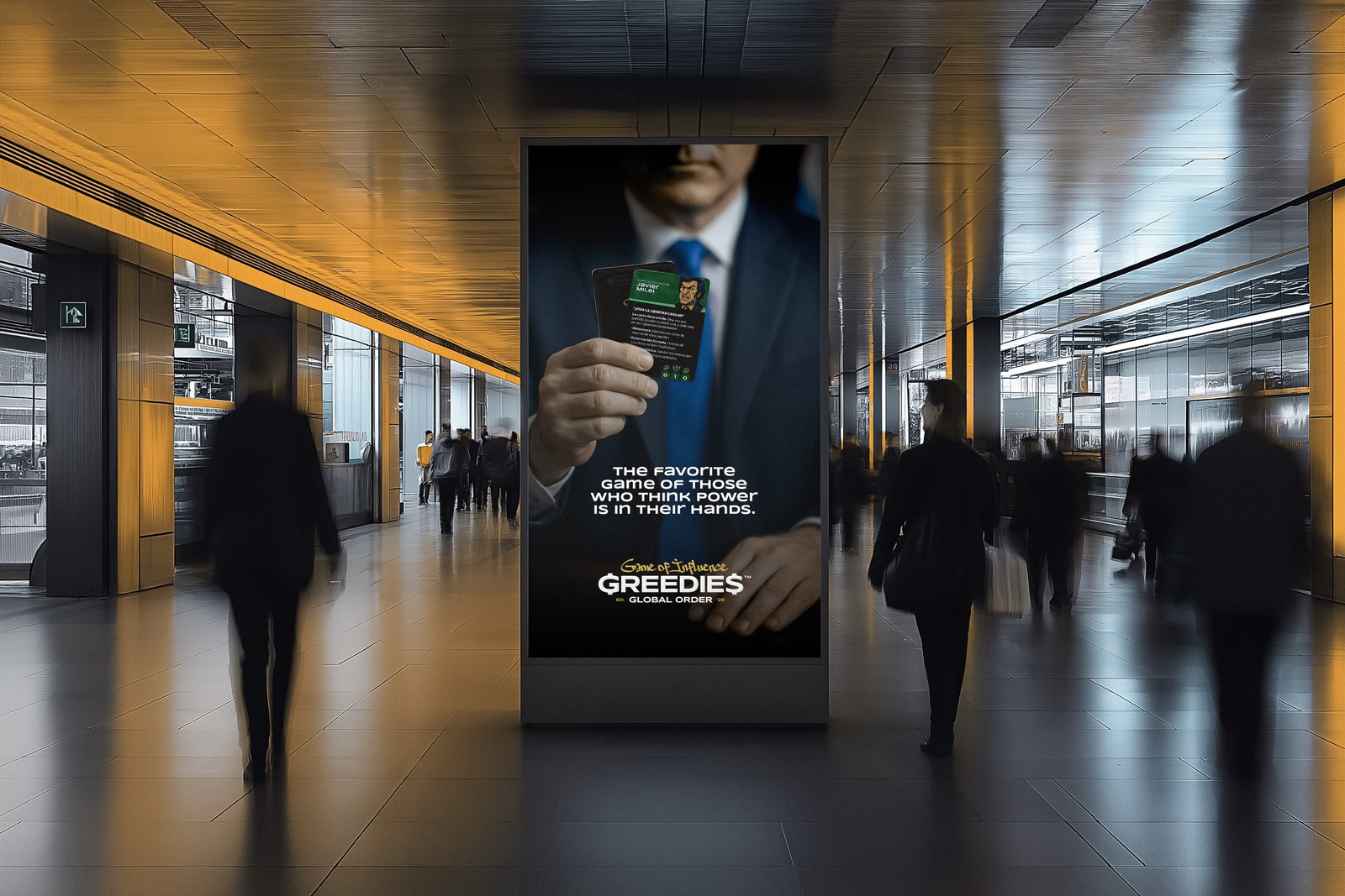 Cartel promocional de Greedies en una estación